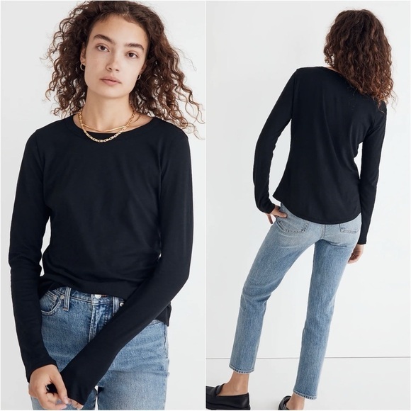 Madewell Top Whisper Cotton Rib-Crewneck Long-Sleeve Tee True Black XXS NWT New - Picture 1 of 11